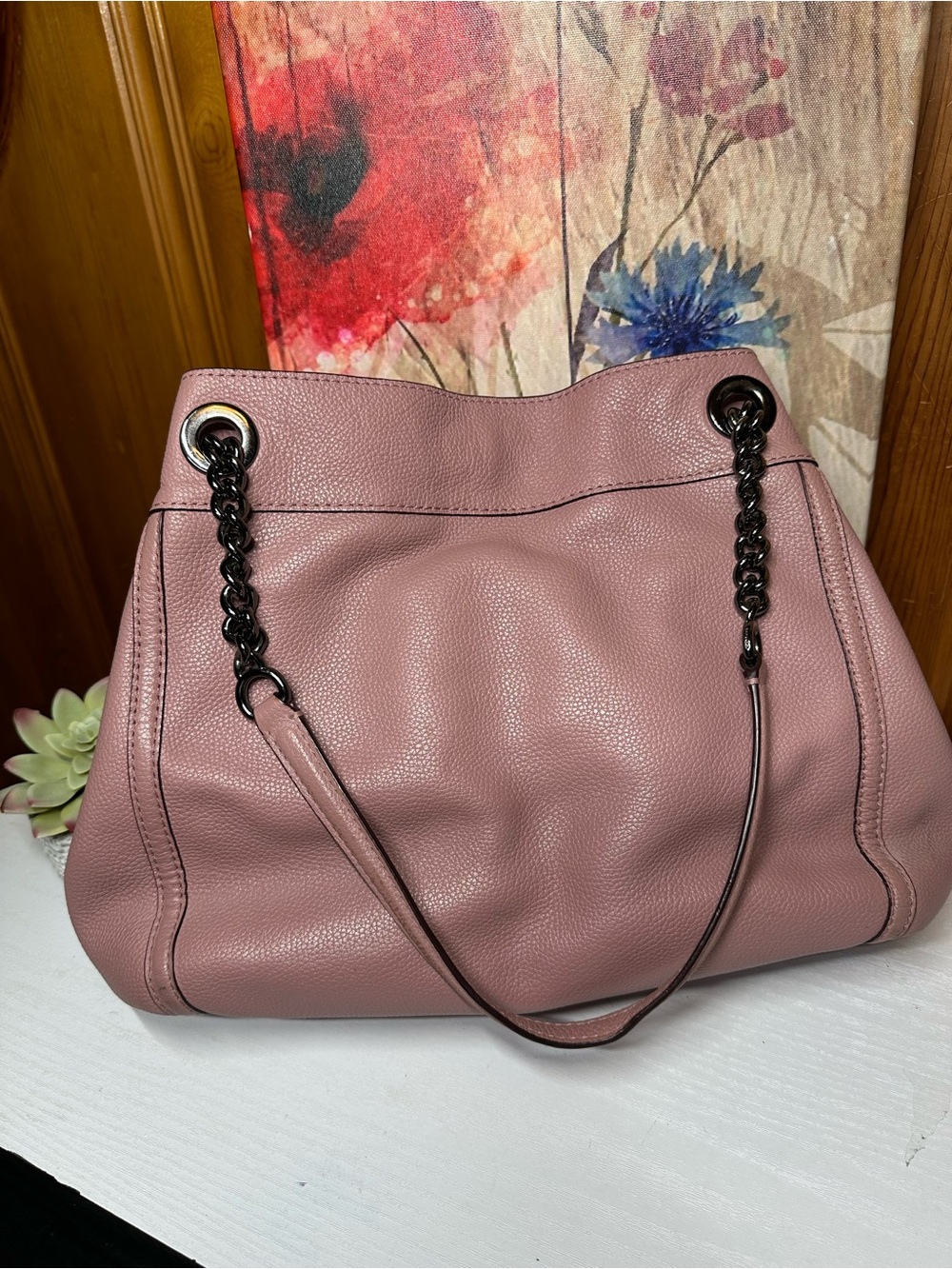Coach Dusty Rose Pebbled Leather Shoulder Bag with Chain Straps - Picture 2 of 16